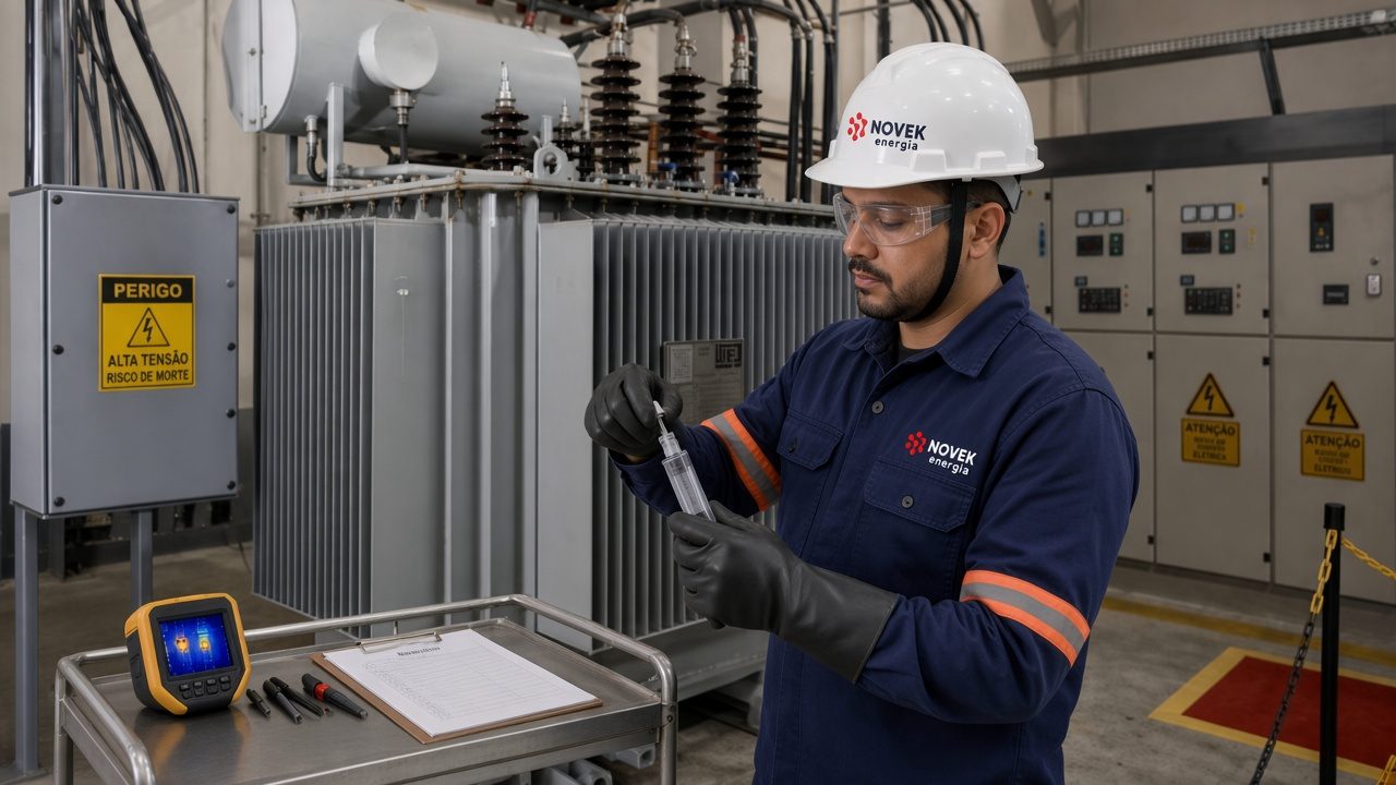 Técnico com uniforme e capacete da Novek coletando amostra de óleo isolante em transformador industrial para análise DGA