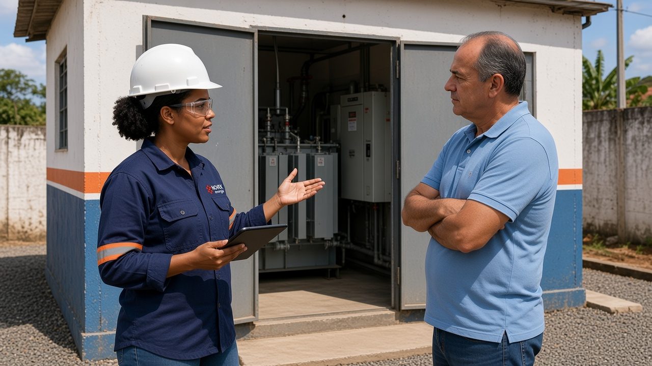 Técnica com uniforme da Novek mostrando ao dono da empresa uma cabine primária de alvenaria com a porta aberta, com transformador e cubículos de média tensão à vista
