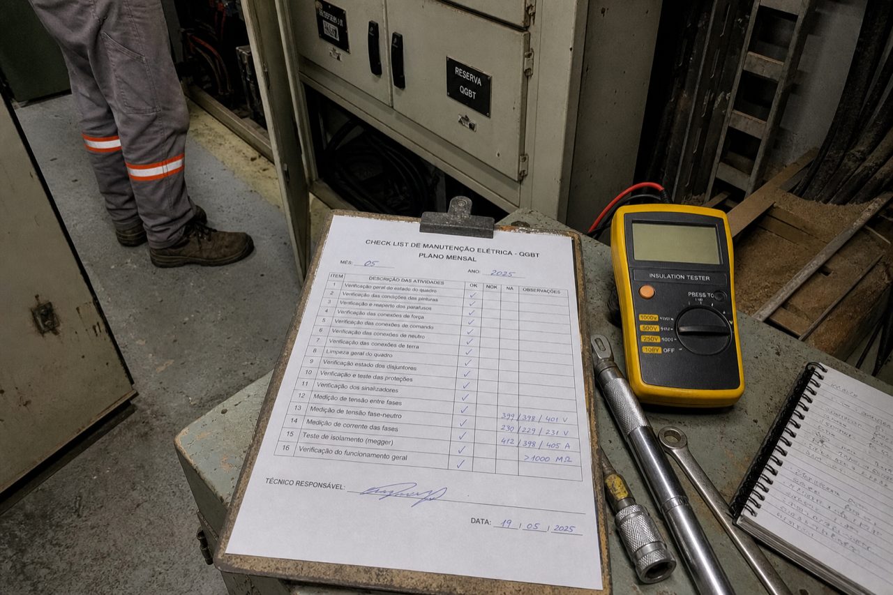 Prancheta com checklist impresso de manutenção elétrica mensal sobre painel industrial, com megômetro e ferramentas de campo ao lado