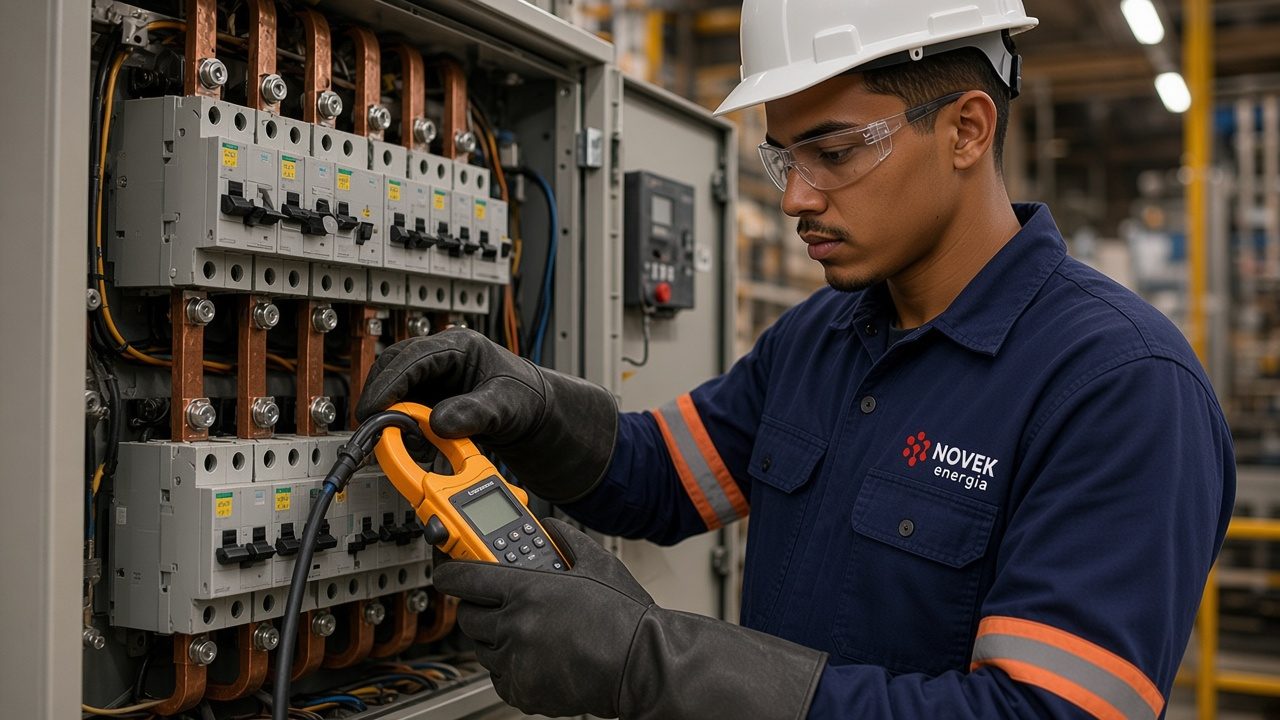 Técnico da Novek medindo a corrente com alicate amperímetro na saída de um disjuntor dentro de um quadro de distribuição de baixa tensão industrial