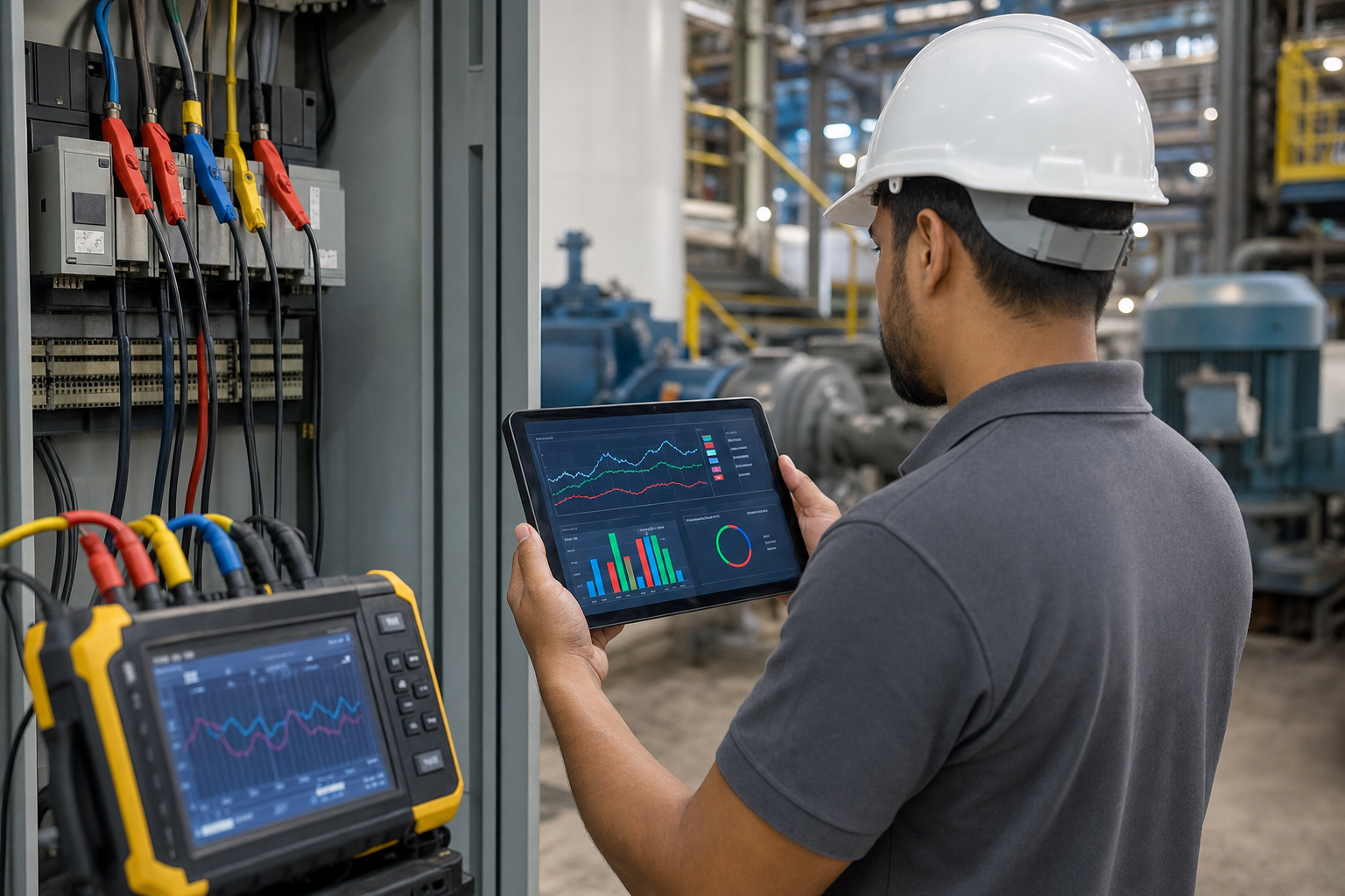 Engenheiro analisando dashboard de consumo energético em tablet conectado a analisador de qualidade de energia em quadro industrial