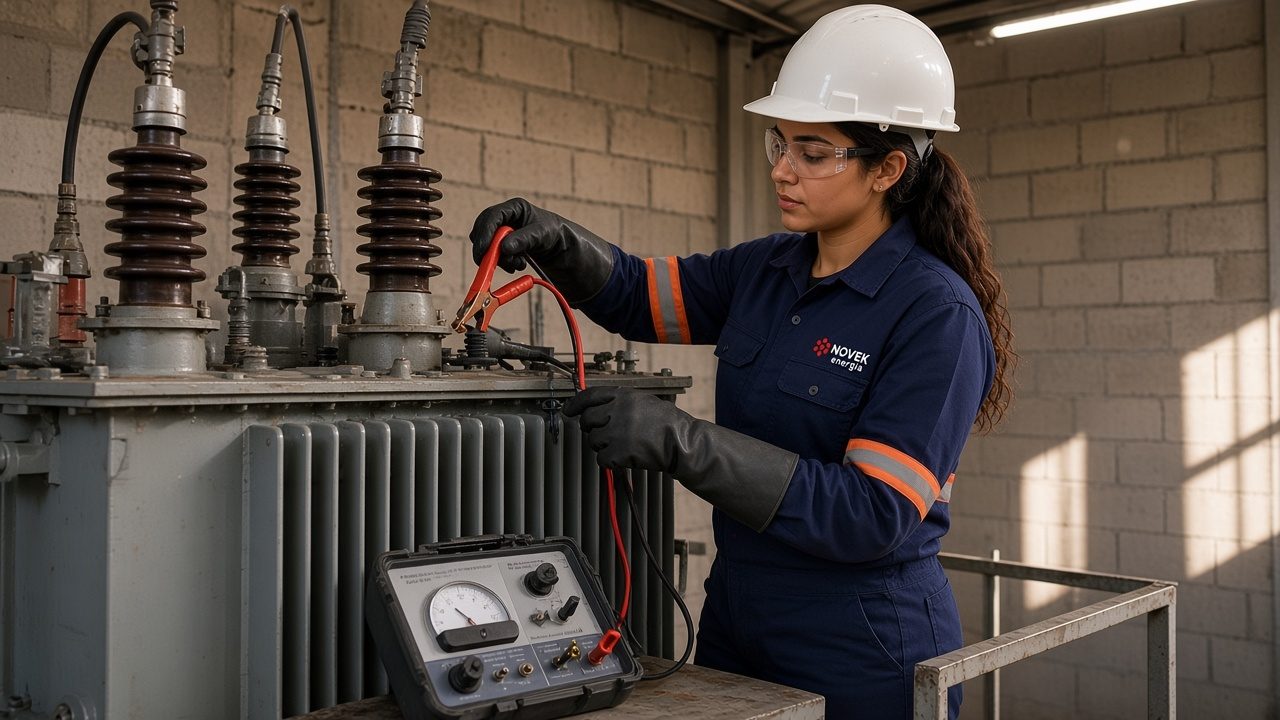 Técnica com uniforme da Novek conectando cabos de ensaio às buchas de um transformador a óleo em uma subestação abrigada, com o medidor de relação de transformação aberto no chão