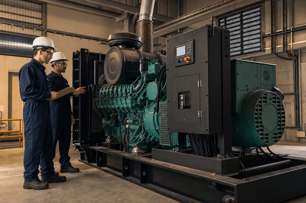 Técnicos da Novek inspecionando grupo gerador diesel trifásico industrial em sala de utilidades de fábrica, com painel de comando e sistema de exaustão visíveis