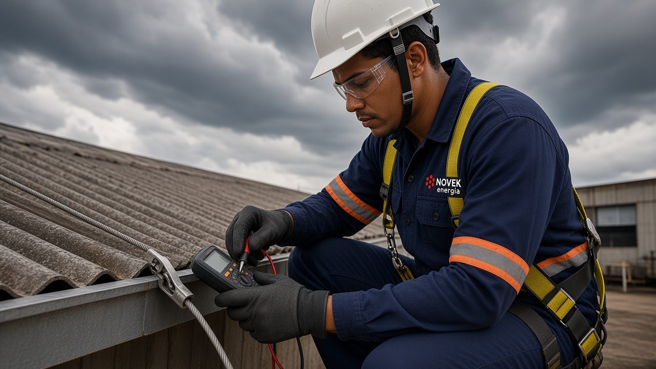 Técnico com uniforme da Novek e cinto de segurança agachado no telhado de um galpão industrial medindo a continuidade de um condutor de descida do SPDA, com nuvens de tempestade ao fundo