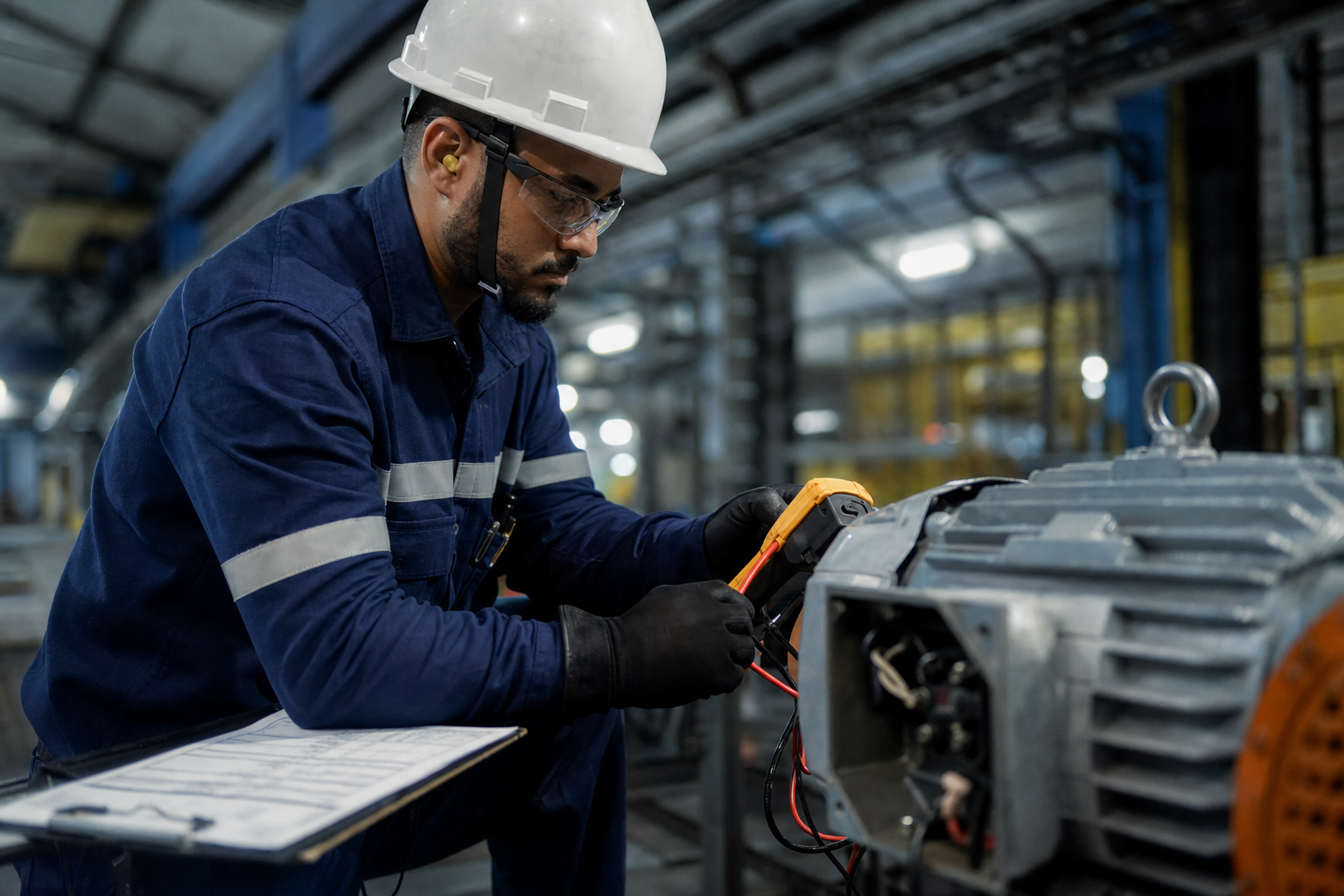 Técnico de manutenção industrial brasileiro com EPI usando alicate amperímetro e prancheta com checklist em motor elétrico trifásico