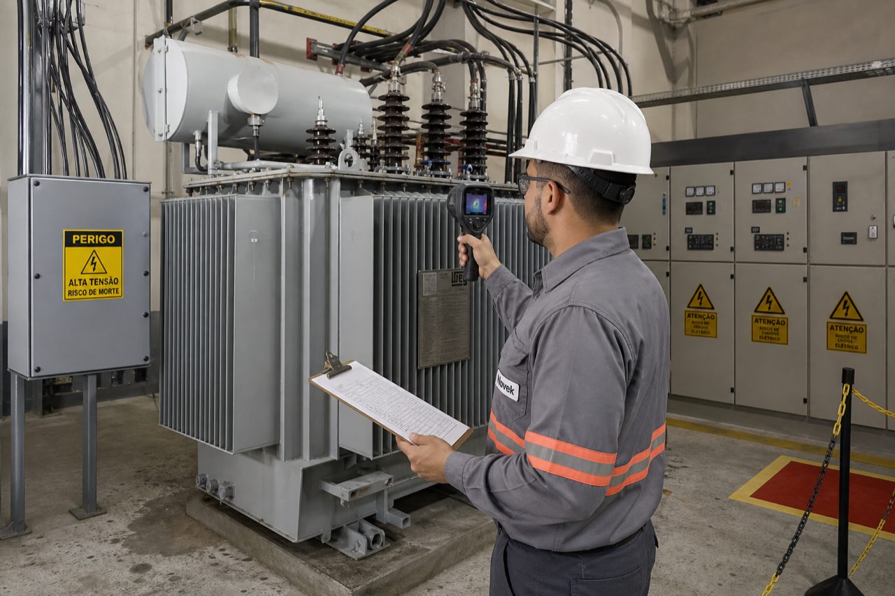 Técnico da Novek com uniforme e capacete inspecionando transformador e subestação industrial com câmera termográfica e checklist