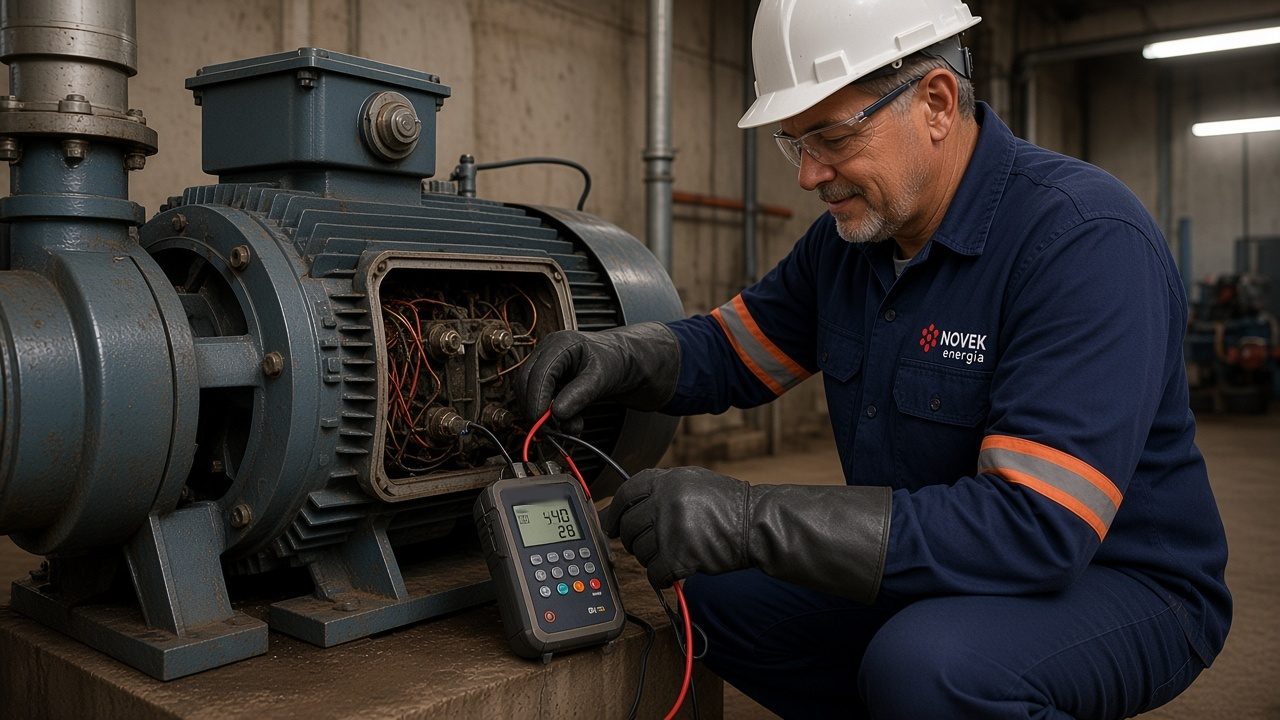 Técnico da Novek medindo a resistência de isolamento com megômetro nos bornes da caixa de ligação de um motor trifásico industrial acoplado a uma bomba