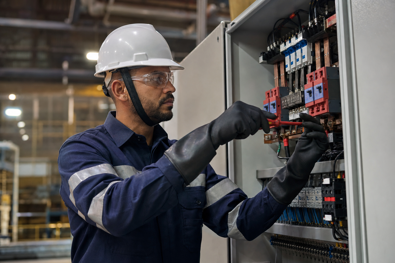 Eletricista com EPI completo de NR-10 (uniforme antichama, capacete, óculos e luvas isolantes) realizando manobra em painel elétrico industrial