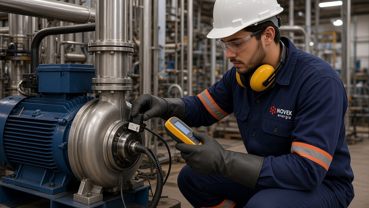 Técnico da Novek agachado com analisador de vibração portátil medindo o conjunto de motor elétrico e bomba centrífuga de aço inox em fábrica de alimentos