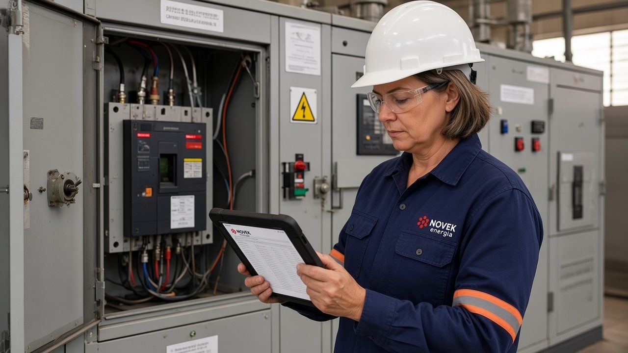 Técnica da Novek com tablet revisando checklist de inspeção diante de cubículos de média tensão com a porta aberta, em subestação abrigada industrial