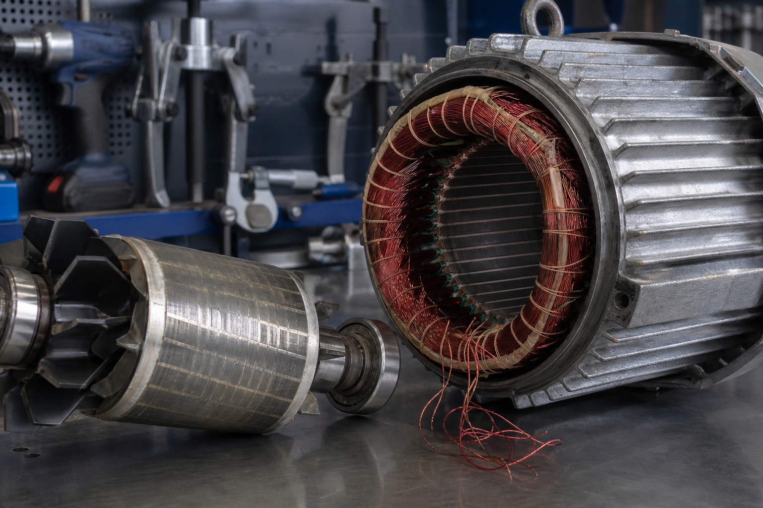 Motor elétrico trifásico industrial aberto em oficina especializada, com rotor extraído e estator mostrando bobinas de cobre esmaltado