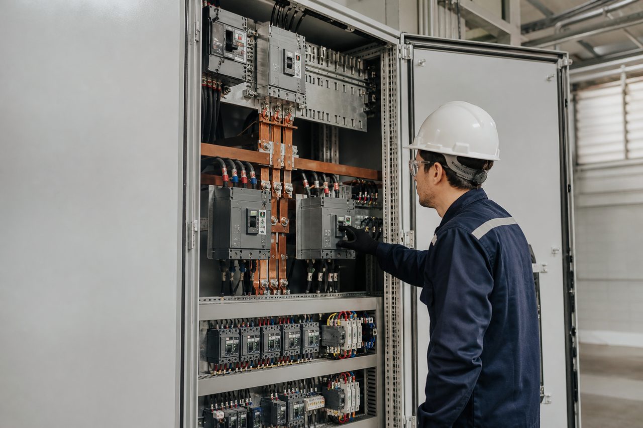 Técnico da Novek inspecionando barramentos e disjuntores dentro de painel elétrico industrial (CCM) aberto em ambiente fabril, com EPI completo