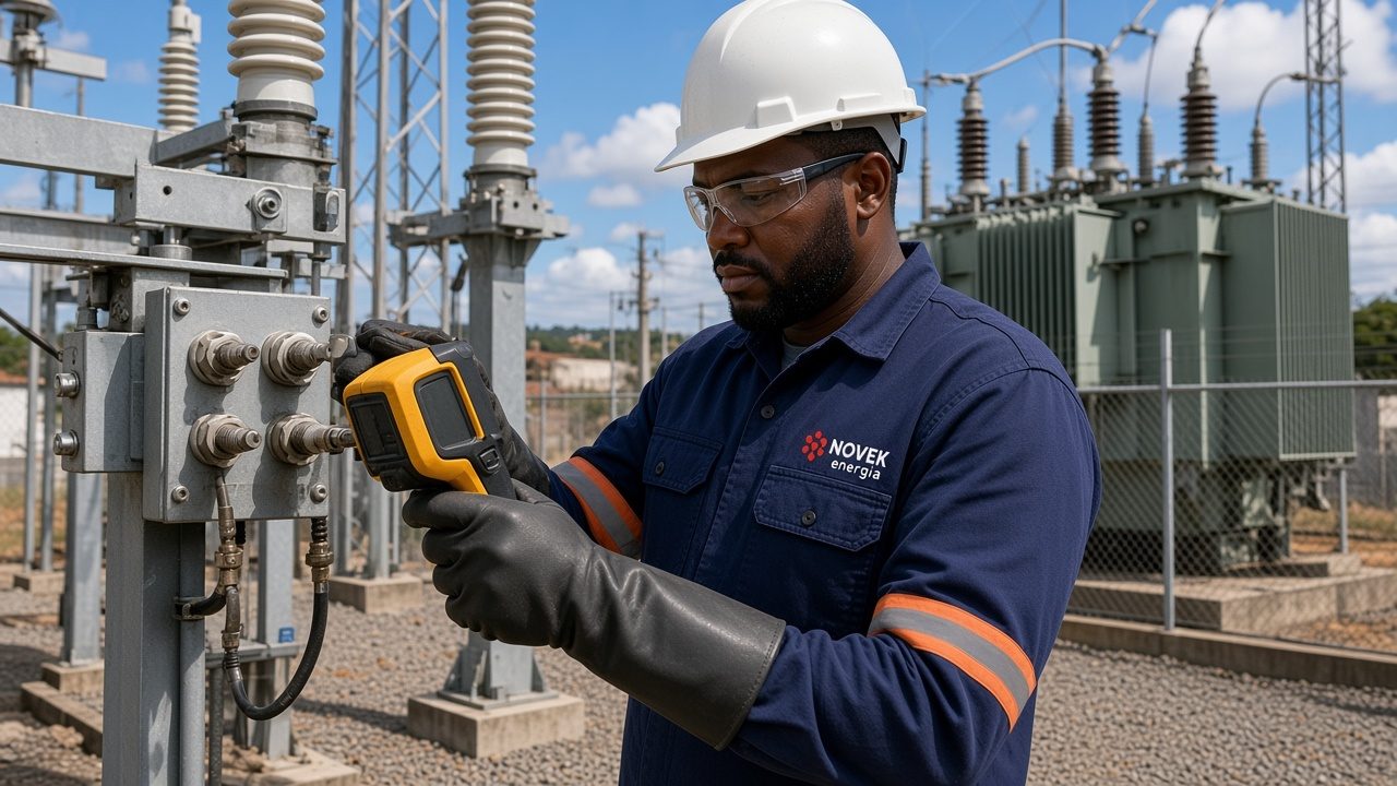Técnico da Novek com câmera termográfica inspecionando chaves seccionadoras e conexões em uma subestação industrial ao tempo, com estruturas metálicas, isoladores e transformador a óleo sobre brita