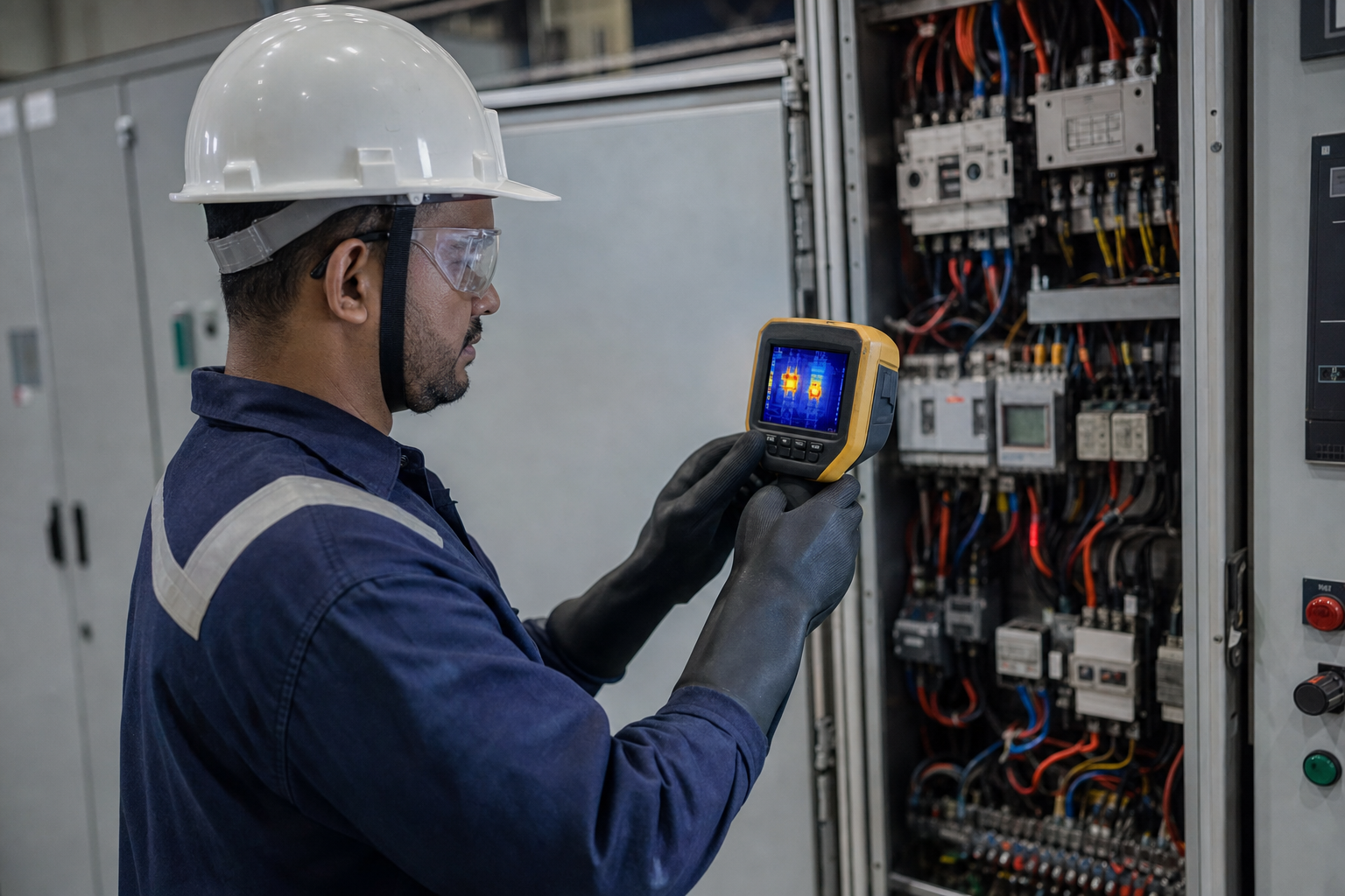 Eletricista com EPI usando câmera termográfica industrial em painel elétrico energizado, com pontos quentes em vermelho/laranja visíveis na tela do equipamento