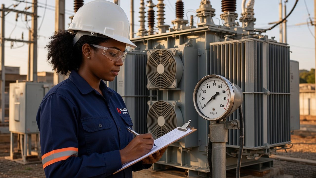 Técnica da Novek anotando a leitura do termômetro de óleo de um transformador a óleo industrial com radiadores e ventiladores