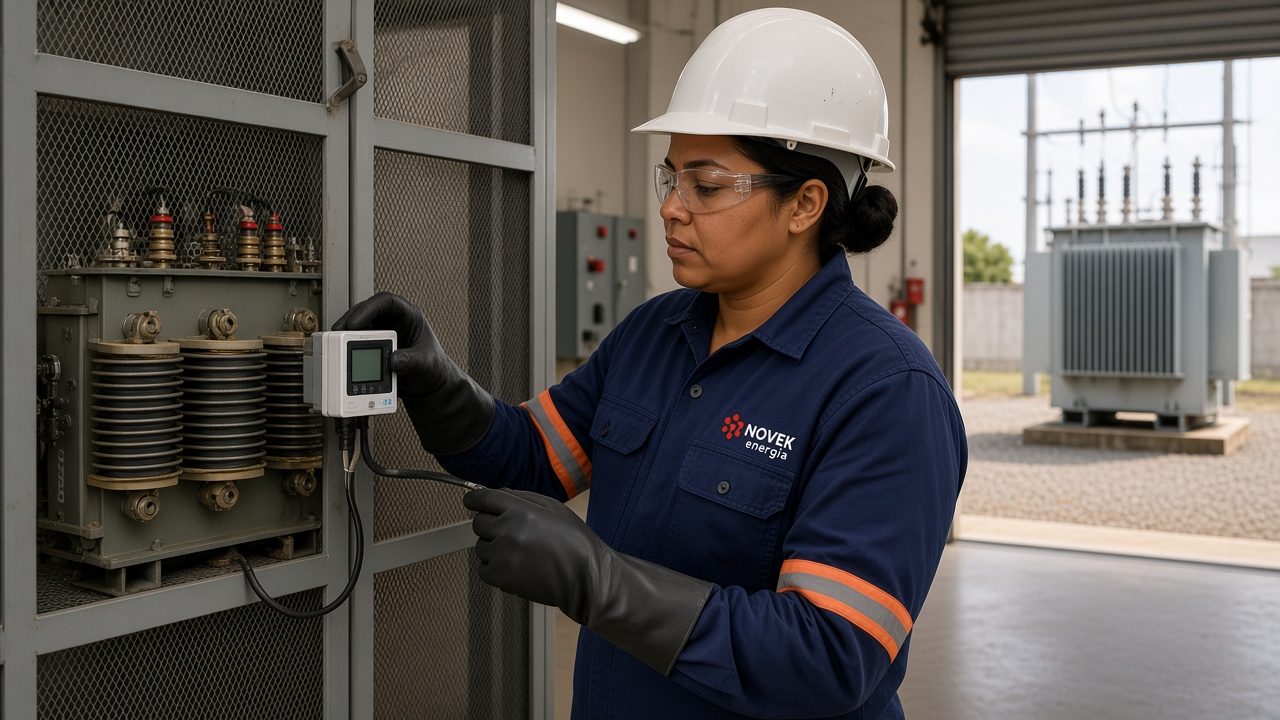 Técnica da Novek lendo o relé de monitoramento de temperatura de um transformador a seco em resina, com um transformador a óleo ao fundo no pátio externo