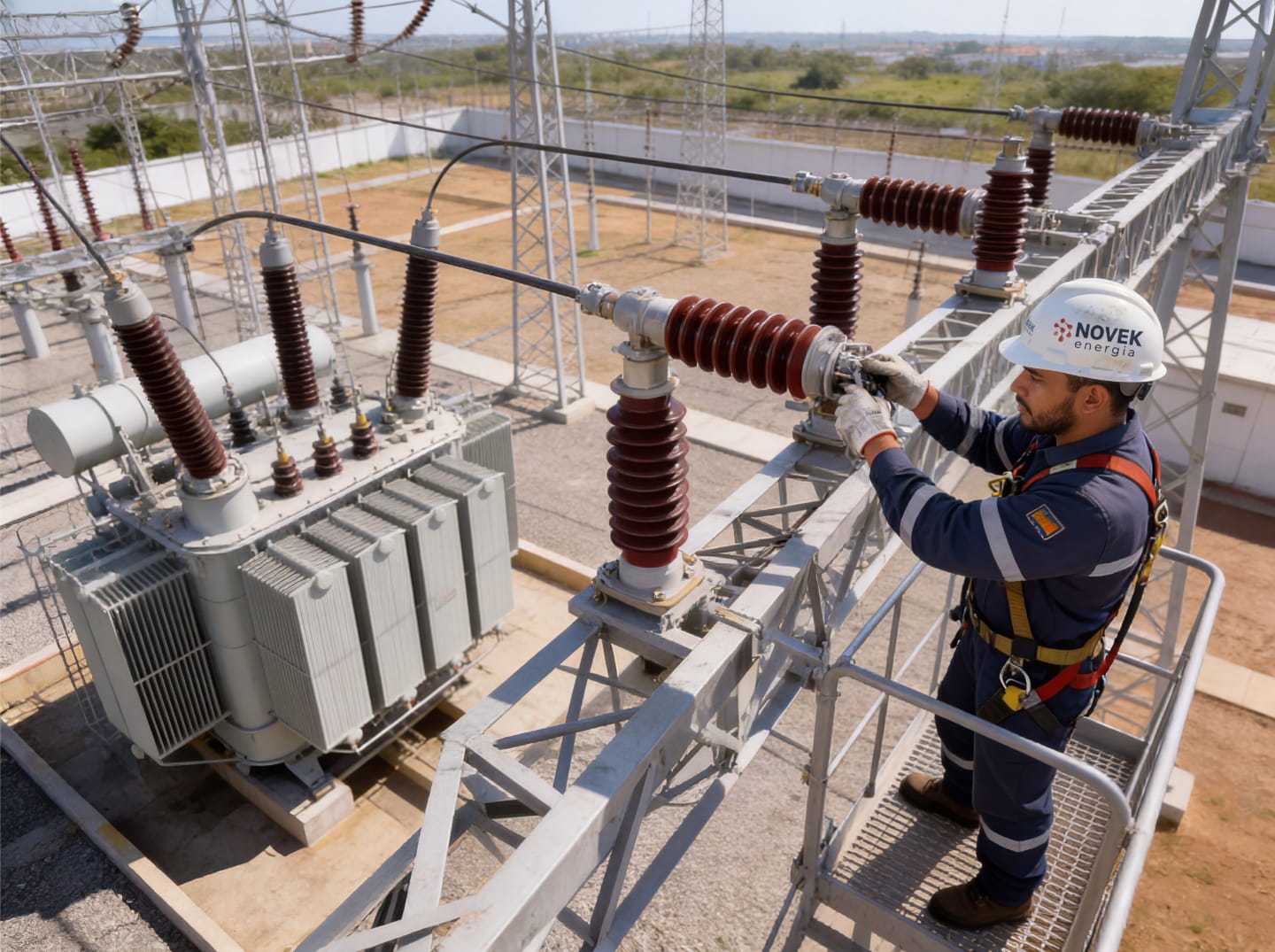 Equipe Novek executando manutenção elétrica industrial em painel de comando