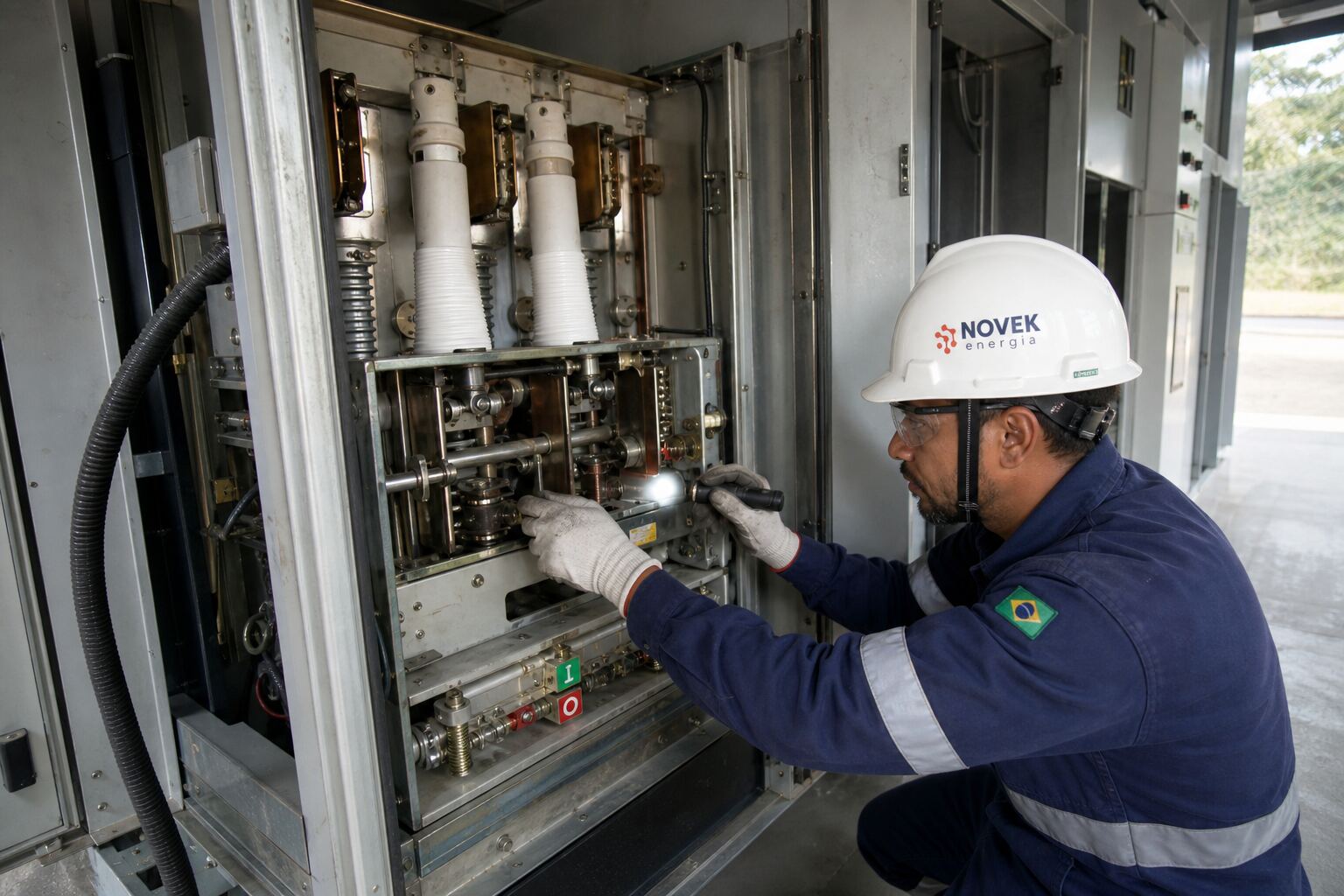 Técnico Novek em manutenção de disjuntor de média tensão