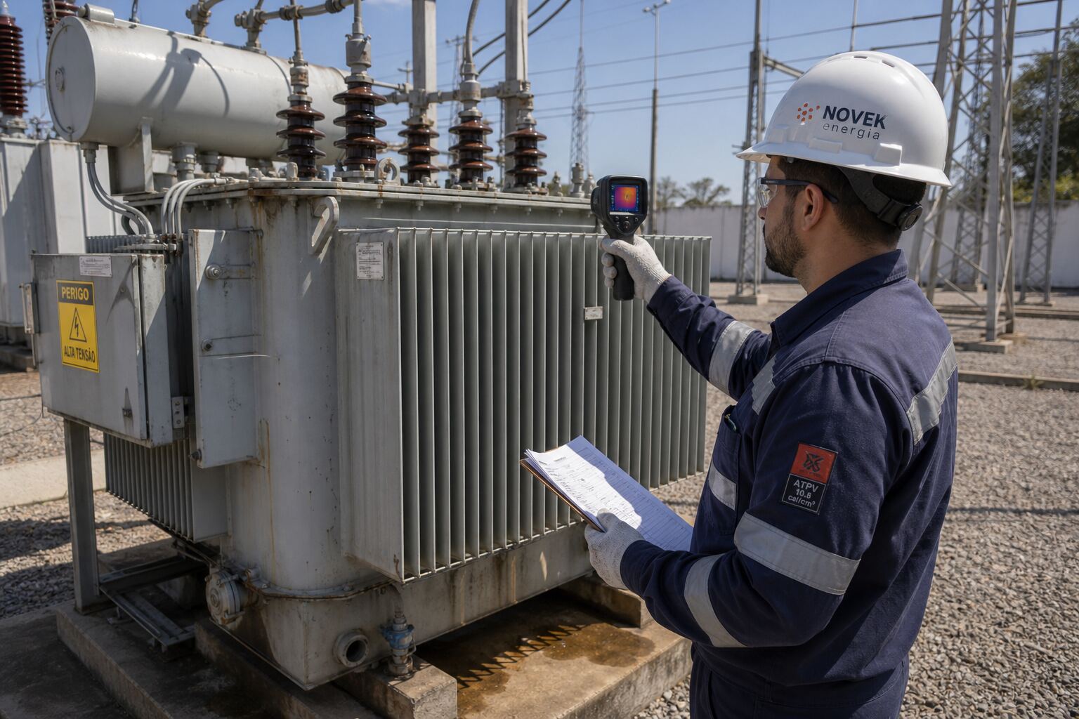 Técnico Novek fazendo termografia em transformador industrial