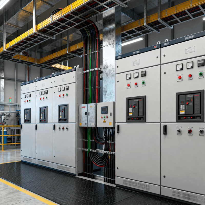 Quadros elétricos e infraestrutura em instalação industrial