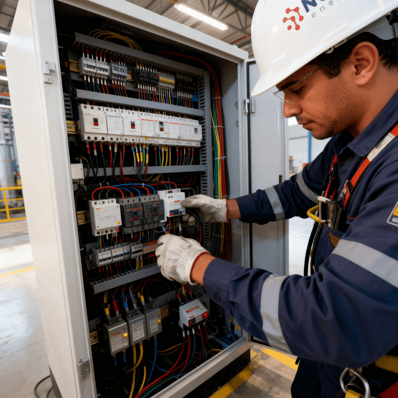 Técnico Novek em serviço em painel de comando e automação